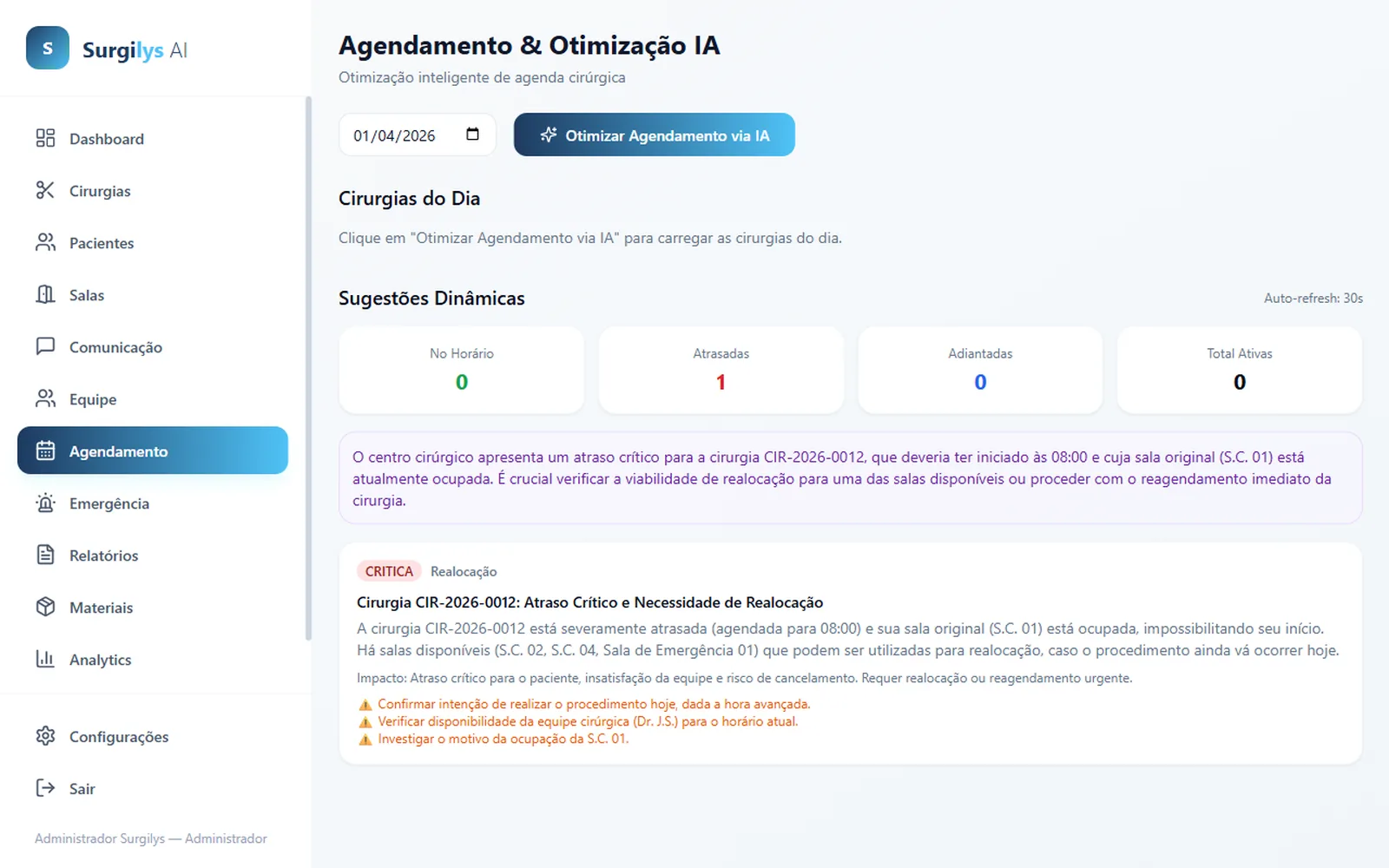 Agendamento e otimização por IA do Surgilys com sugestões dinâmicas e alerta de realocação crítica